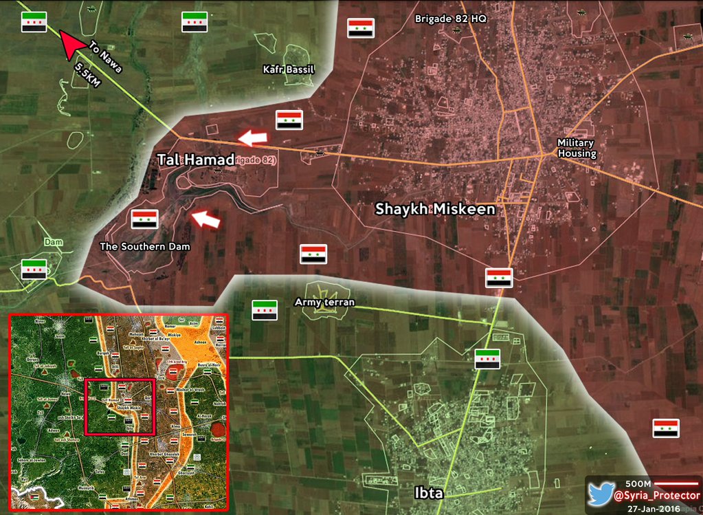 Map: Military Situation after capturing Tall Hamad and the southern dam in Shikh Miskee, Syria
