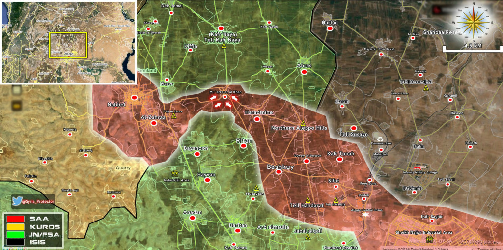 Map: Syrian forces lift siege from Nubbol and Zahraa in Aleppo province, Syria