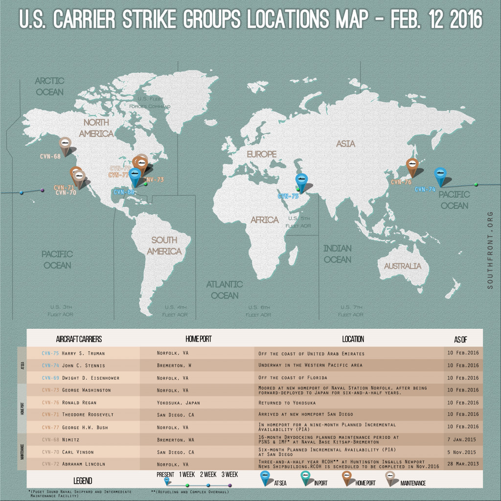 U.S. Carrier Strike Groups Locations Map – Feb. 12, 2016