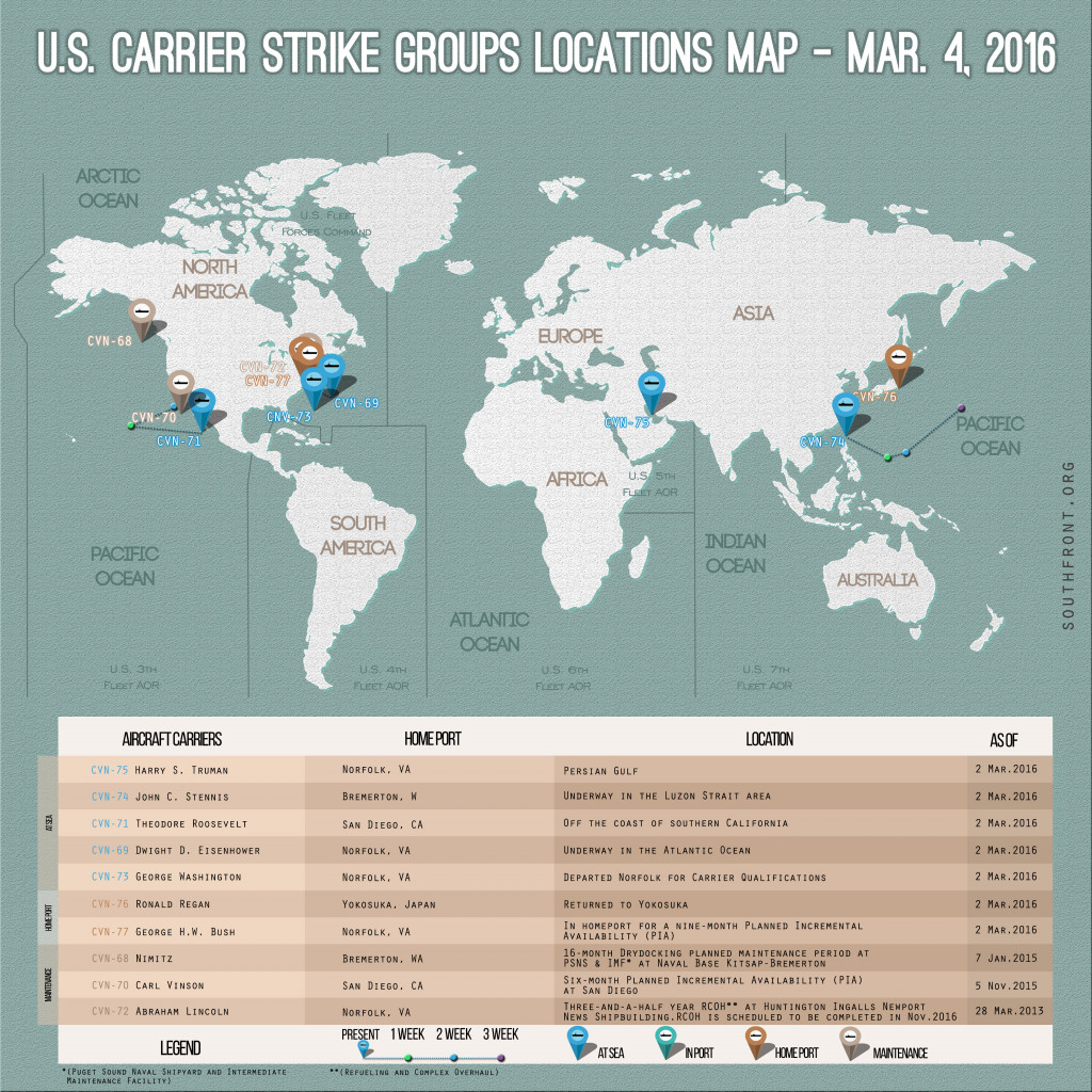 U.S. Carrier Strike Groups Locations Map – Mar. 4, 2016