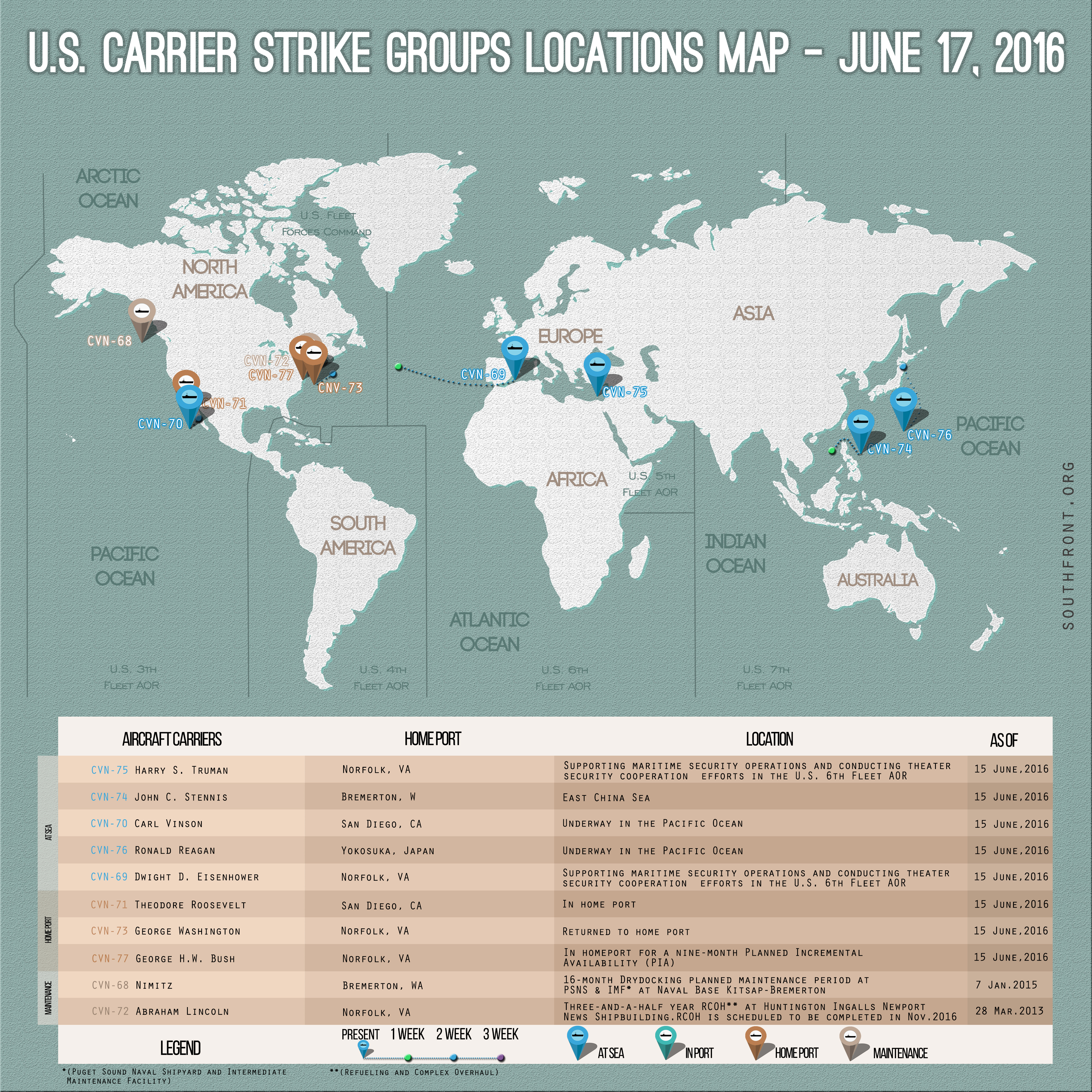 US Carrier Strike Groups Locations Map – June 17, 2016