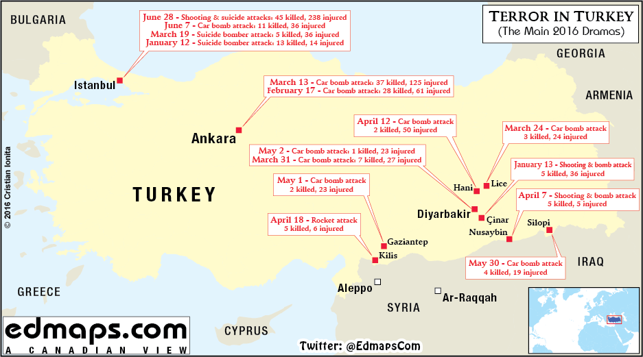 Turkey: Map of Major Terrorist Attacks in 2016