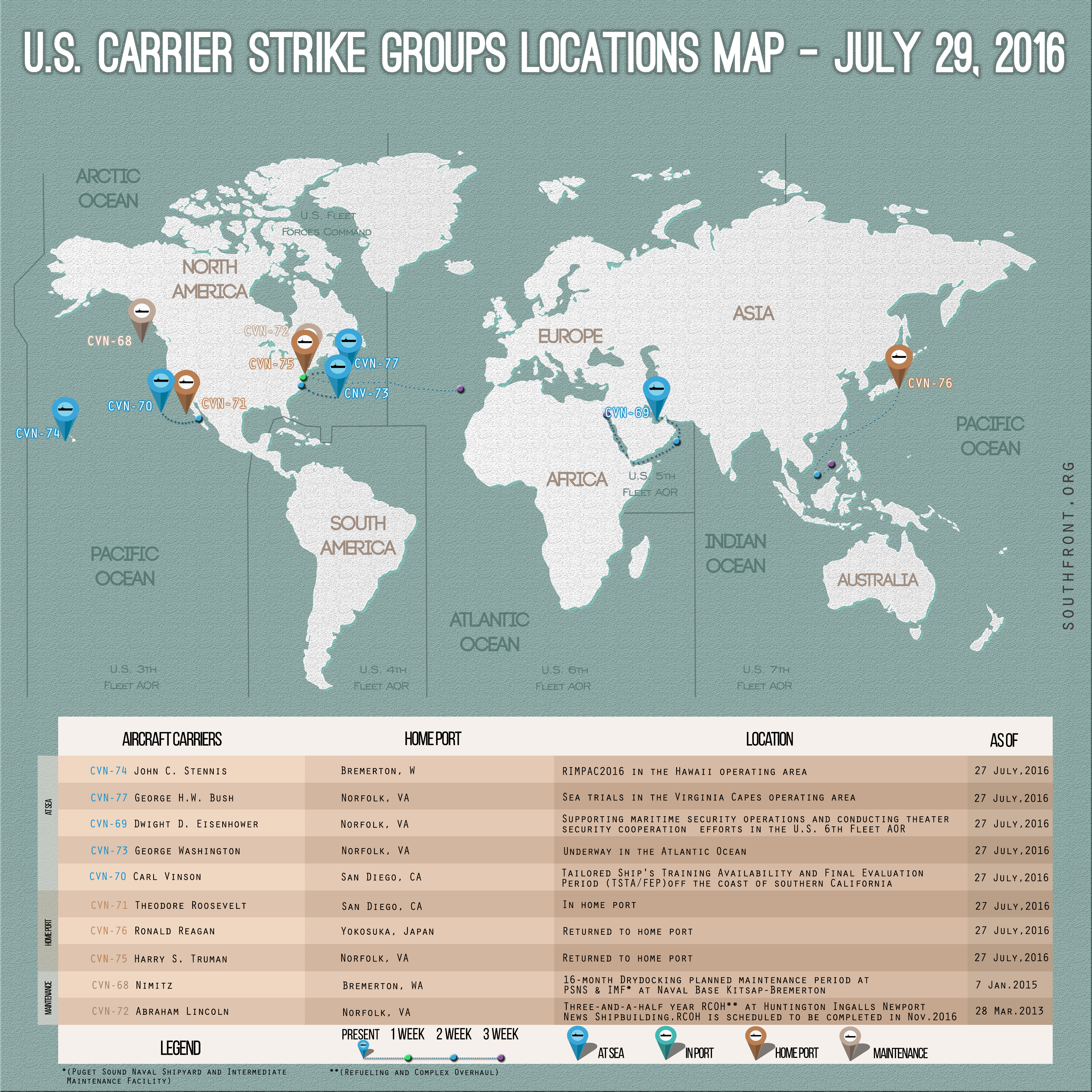 US Carrier Strike Groups Locations Map – July 29, 2016