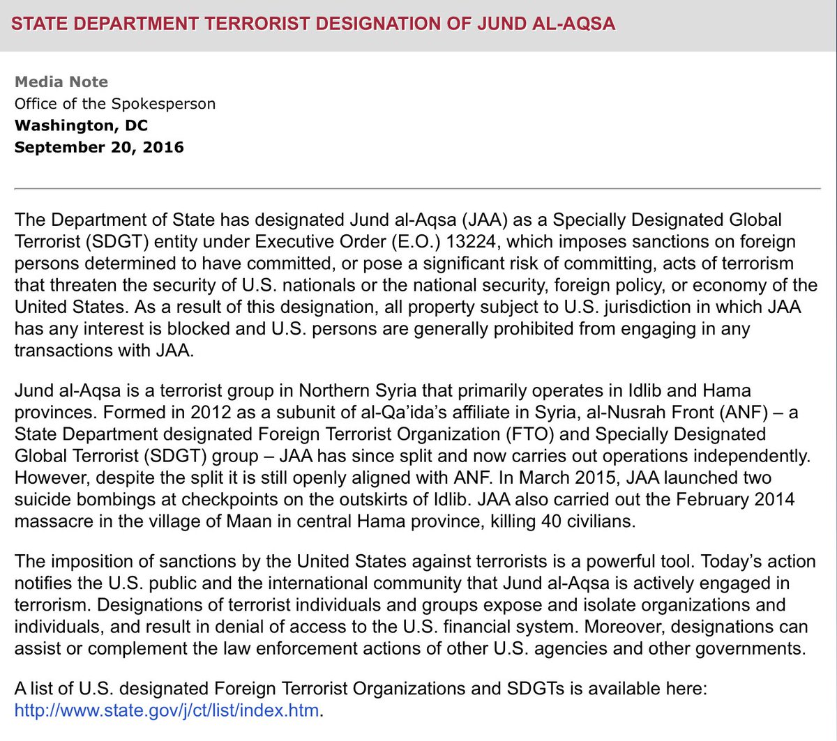 US Designates Jund al-Aqsa (Best friend of 'Moderate Opposition' in Hama Province) as Terrorist Entity
