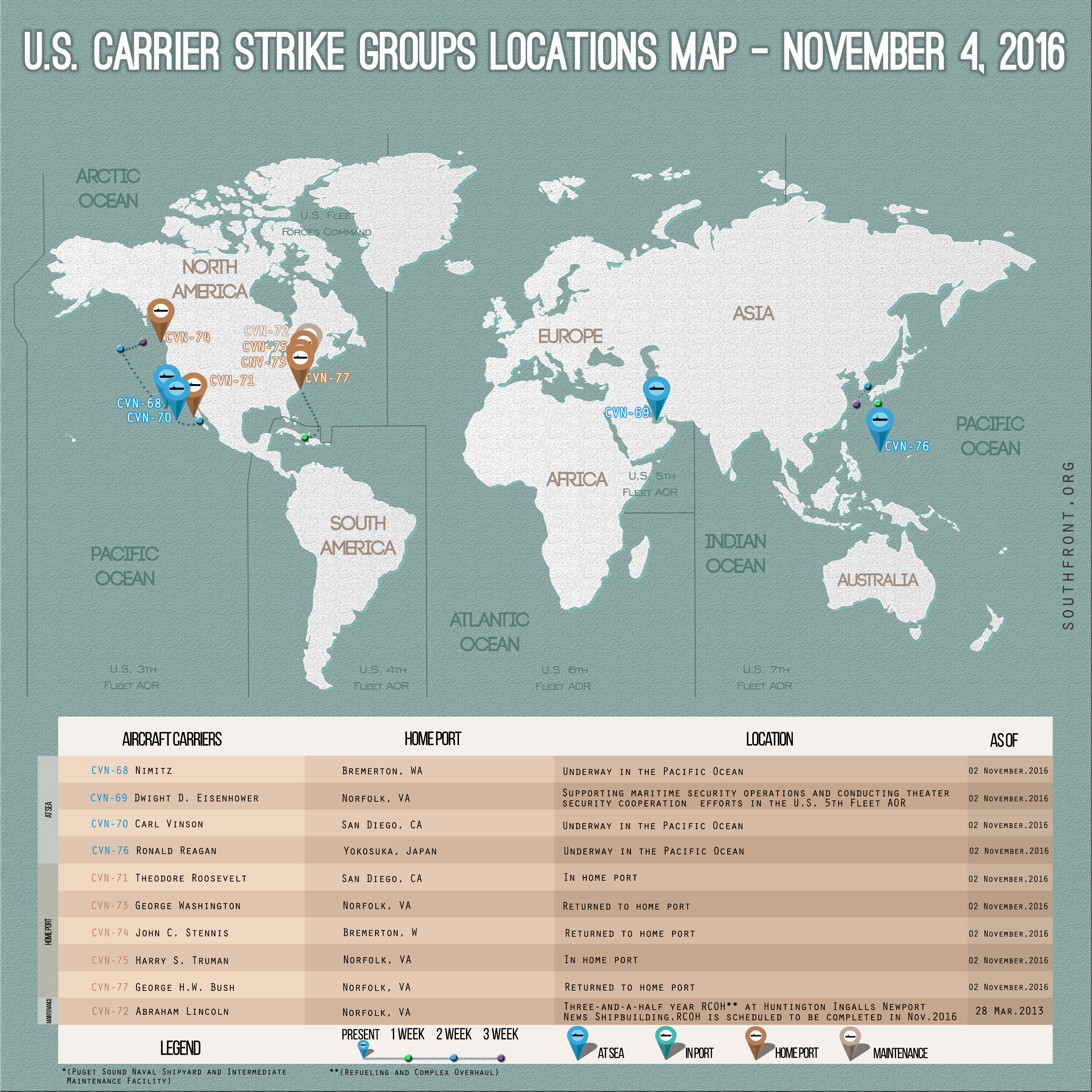 US Carrier Strike Groups Locations Map – November 4, 2016