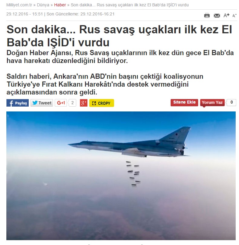 Russian Warplanes Provide Air Support To Turkish Forces Near Al-Bab - Turkish Media