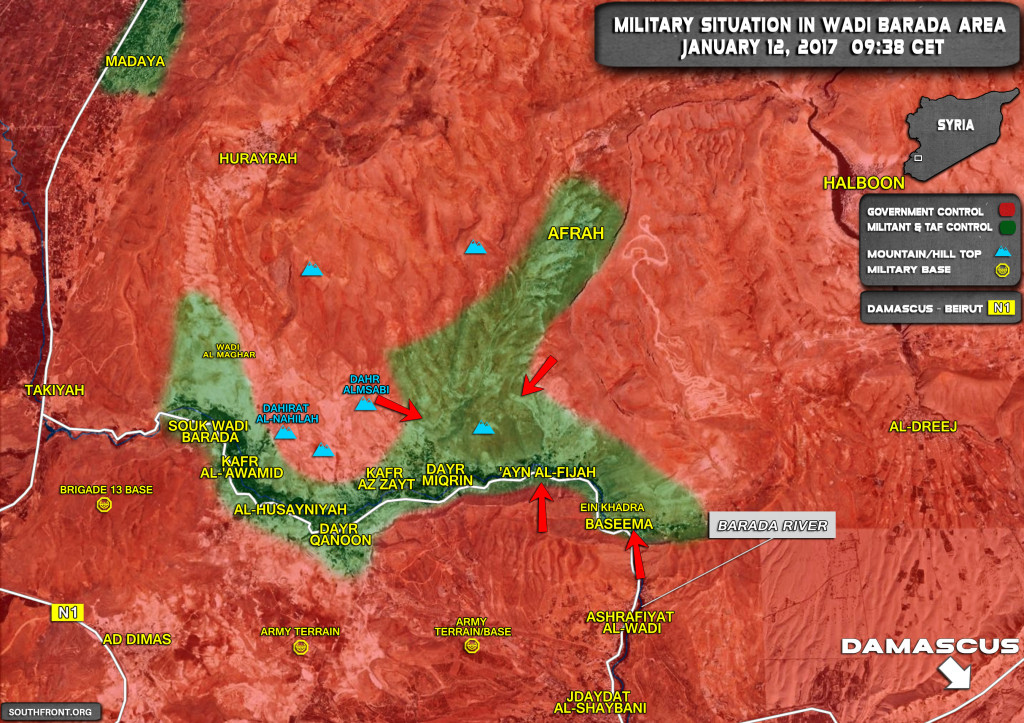 Military Situation In Wadi Barada Northwest Of Damascus On January 12, 2017 (Map Update)
