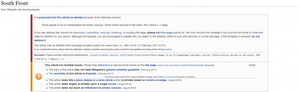 Attention: SouthFront Is Censored At Wikipedia.org