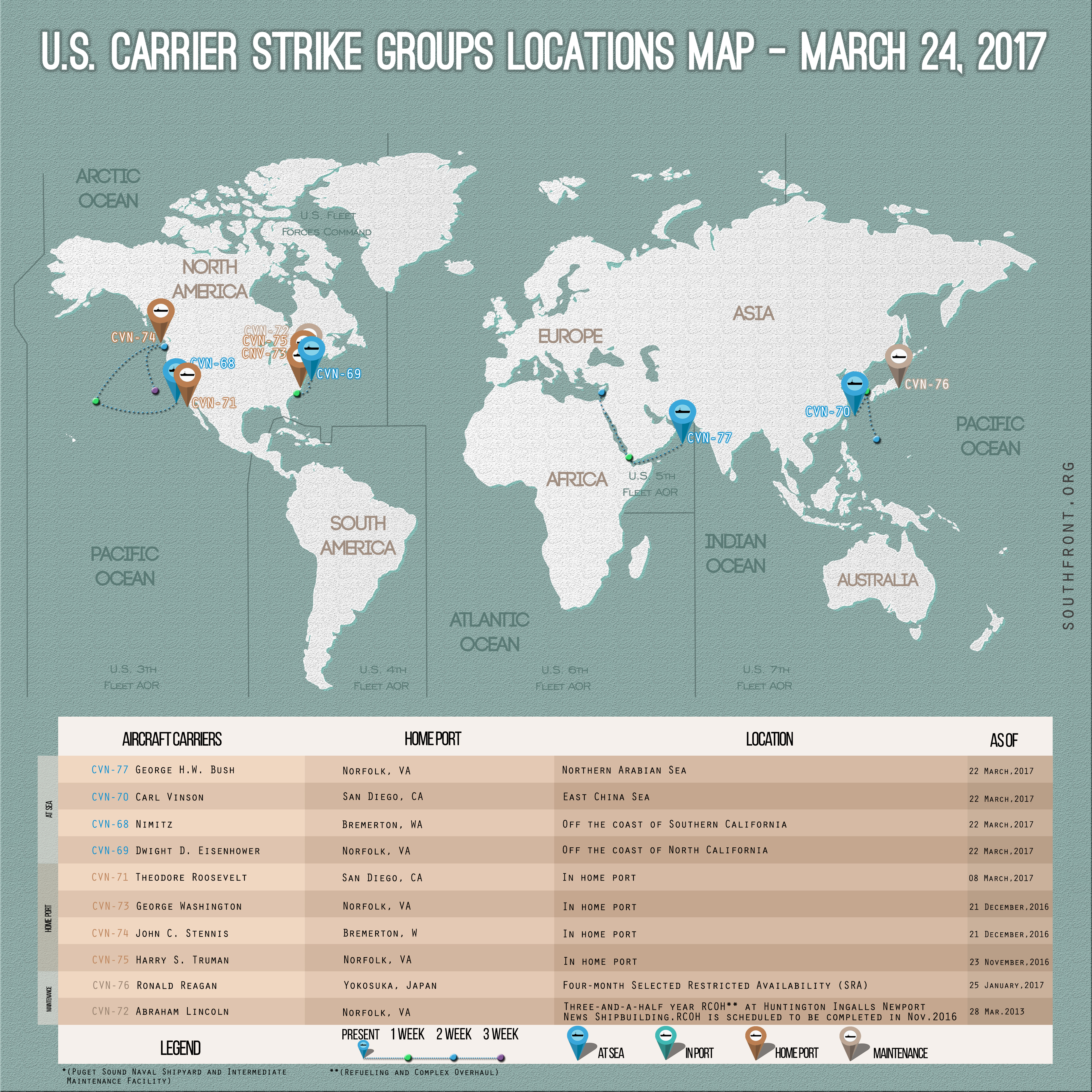 US Carrier Strike Groups Locations Map – March 24, 2017