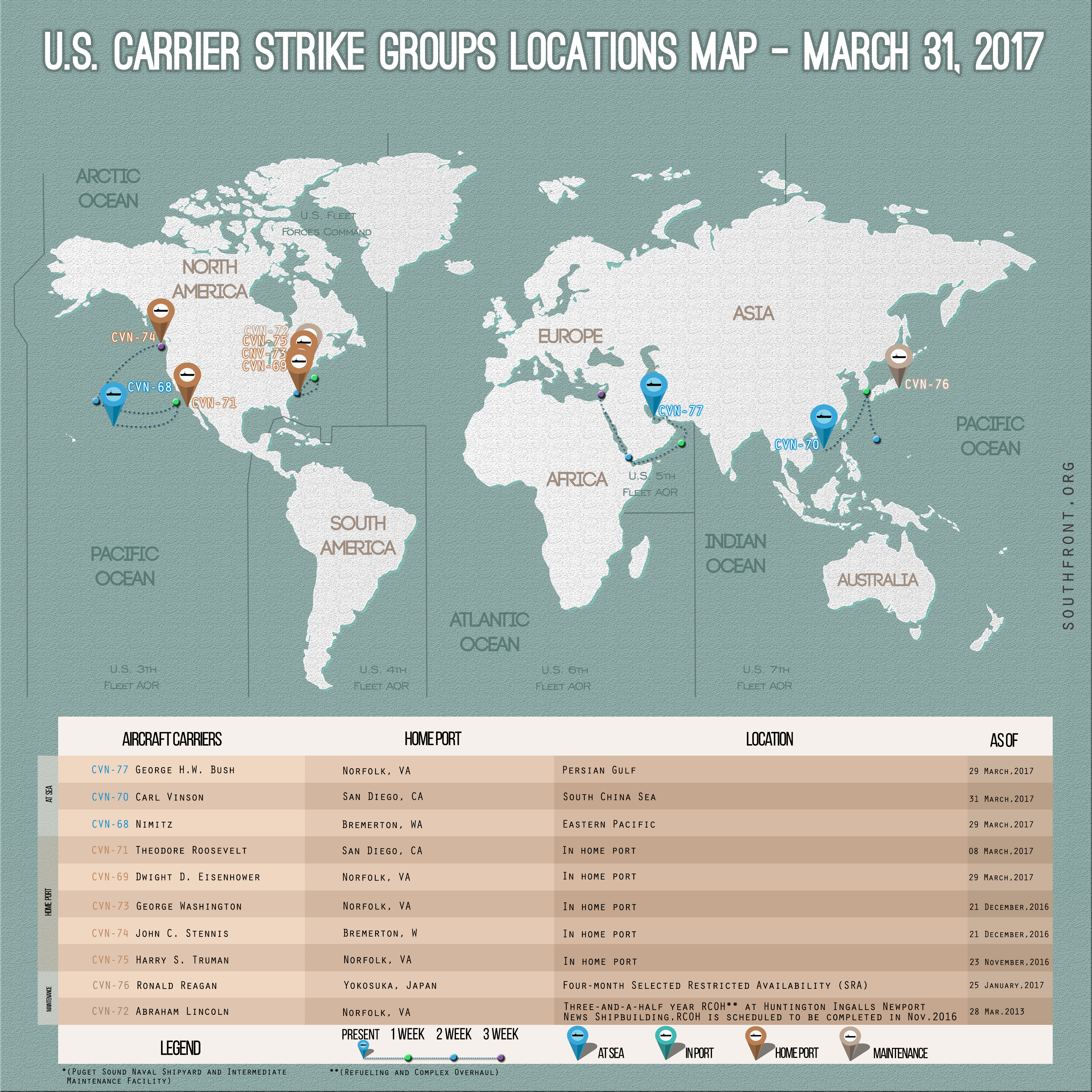 US Carrier Strike Groups Locations Map – March 31, 2017