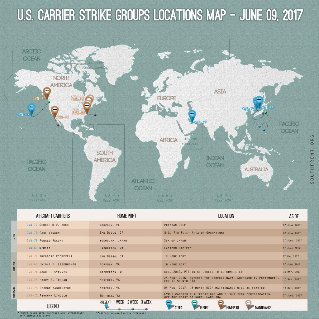 US Carrier Strike Groups Locations Map – June 9, 2017