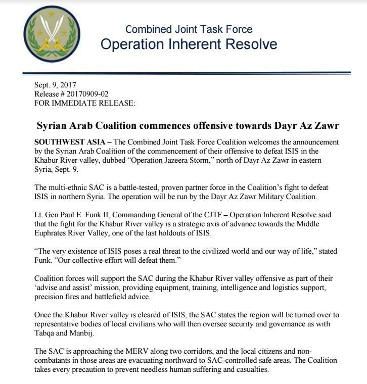 US-Led Coalition 'Will Not Allow' Syrian Army To Cross Euphrates River In Deir Ezzor - Reports