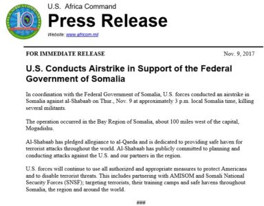 US Conducts New Airstrike On Al-Shabaab In Somalia as African Union De-facto Abandons Attempts To Defeat Group