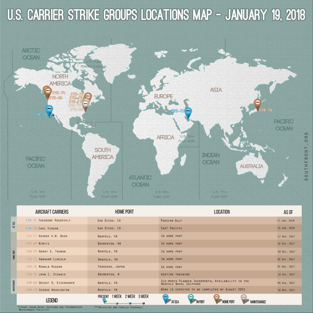 US Carrier Strike Groups Locations Map – January 19, 2018