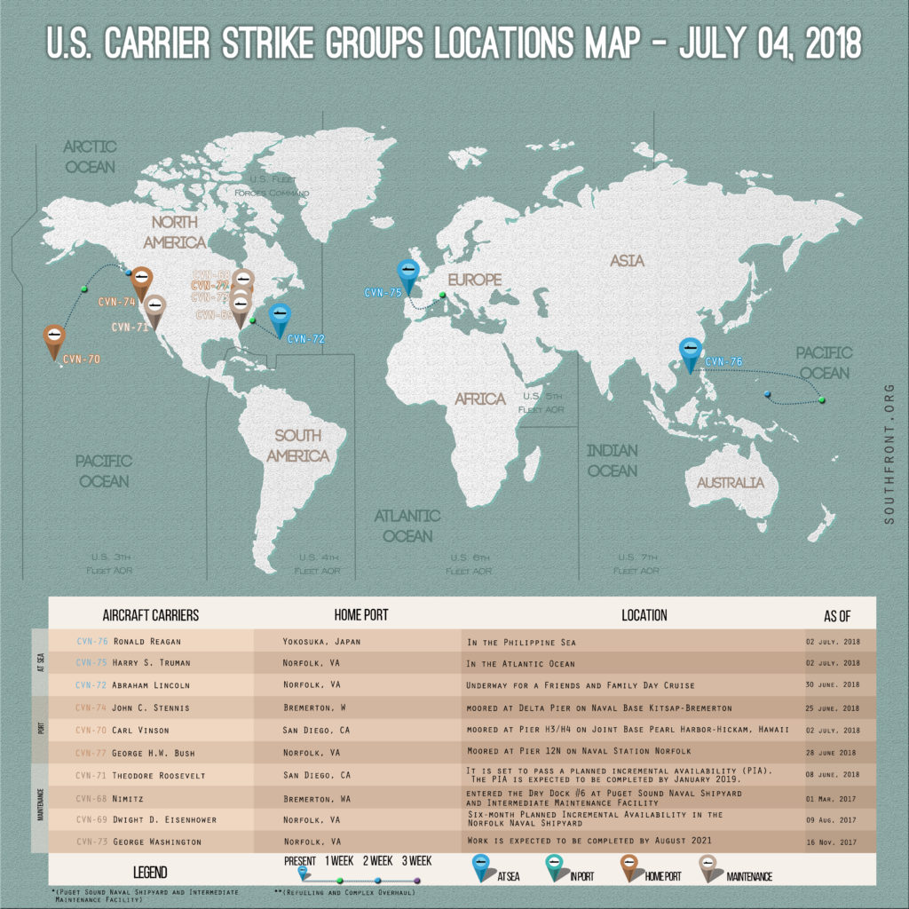 US Carrier Strike Groups Locations Map – July 4, 2018