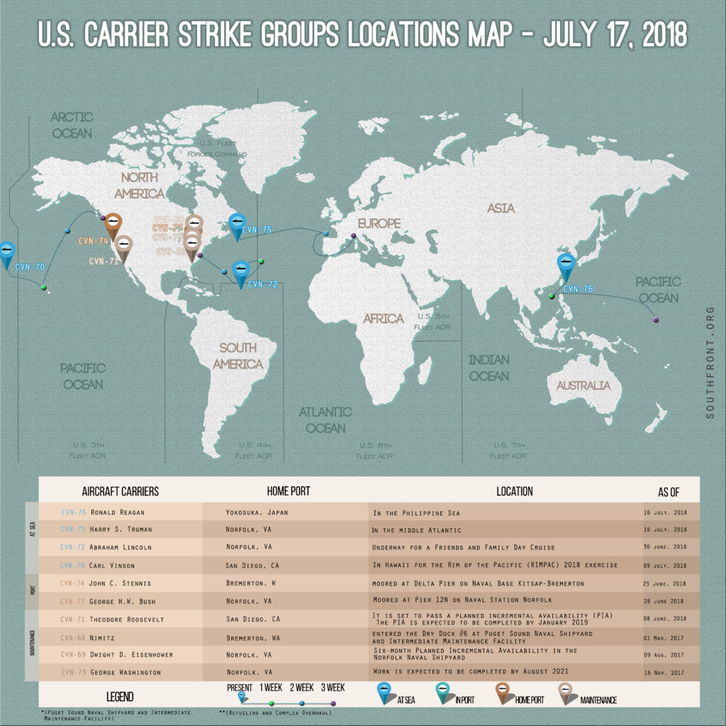 US Carrier Strike Groups Locations Map – July 17, 2018