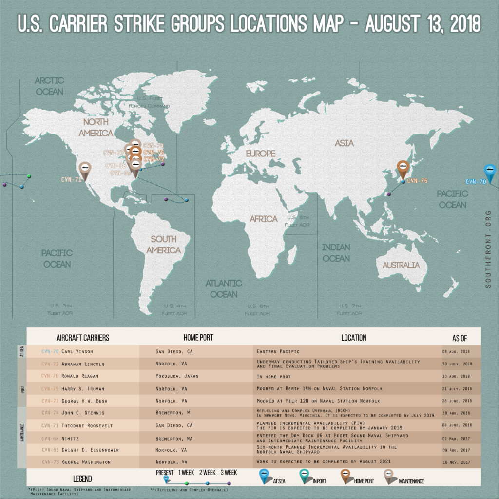 US Carrier Strike Groups Locations Map – August 13, 2018