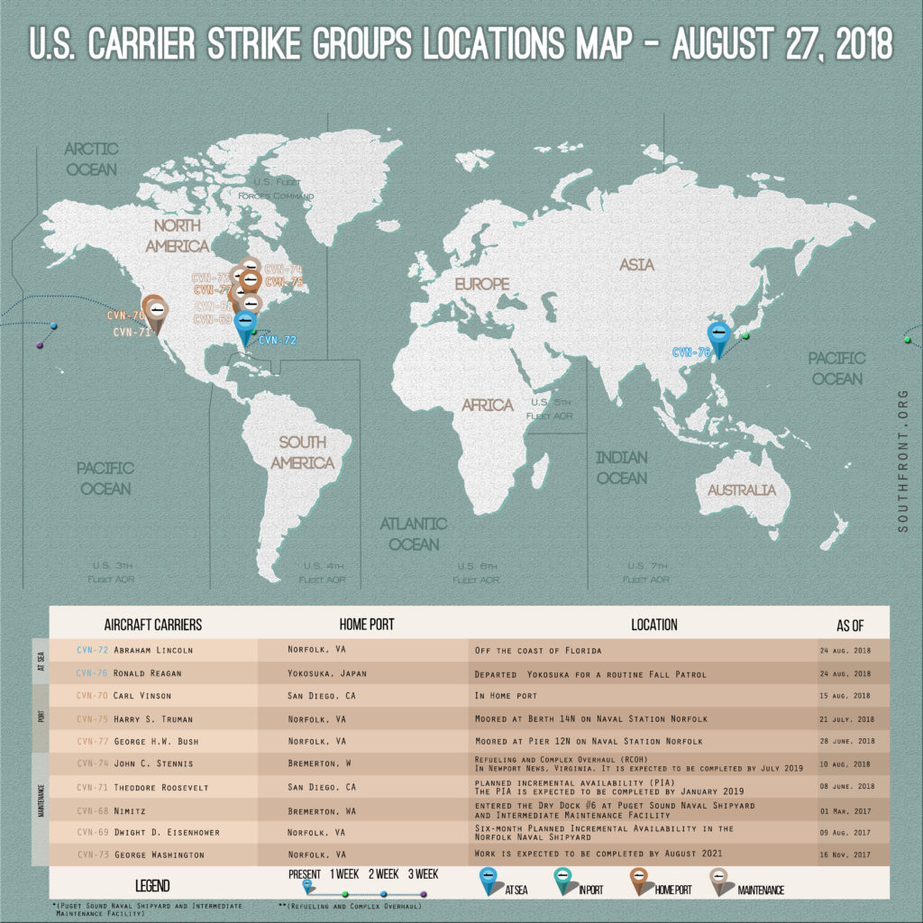 US Carrier Strike Groups Locations Map – August 27, 2018