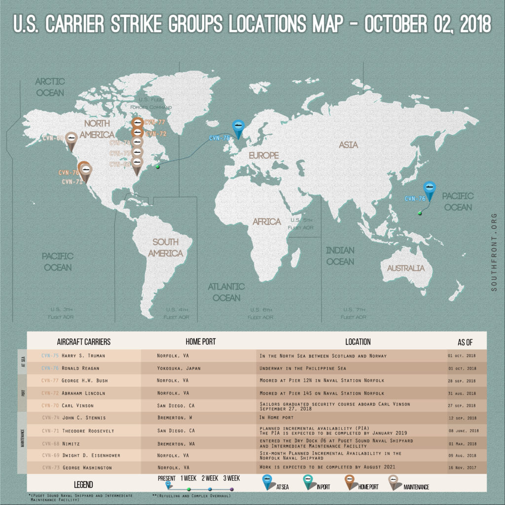 US Carrier Strike Groups Locations Map – October 2, 2018