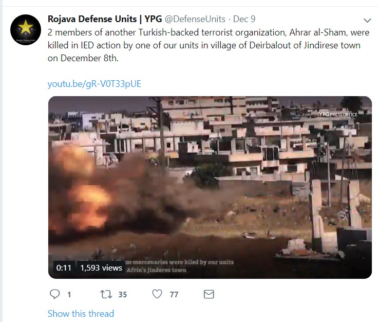 YPG Posts Old FSA Videos Pretending That They Show YPG Attacks On Turkey-led Forces In Syria's Afrin