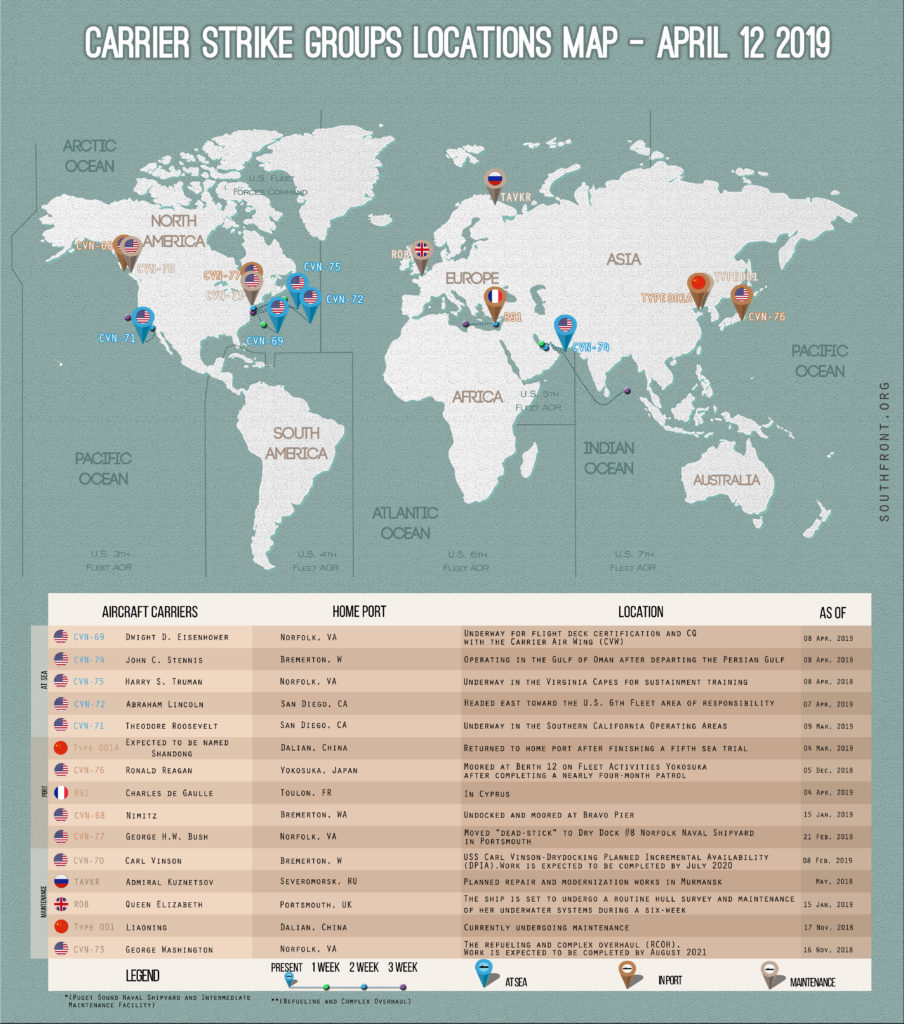 Locations Of US, British, Chinese, French And Russian Aircraft Carriers – April 12, 2019