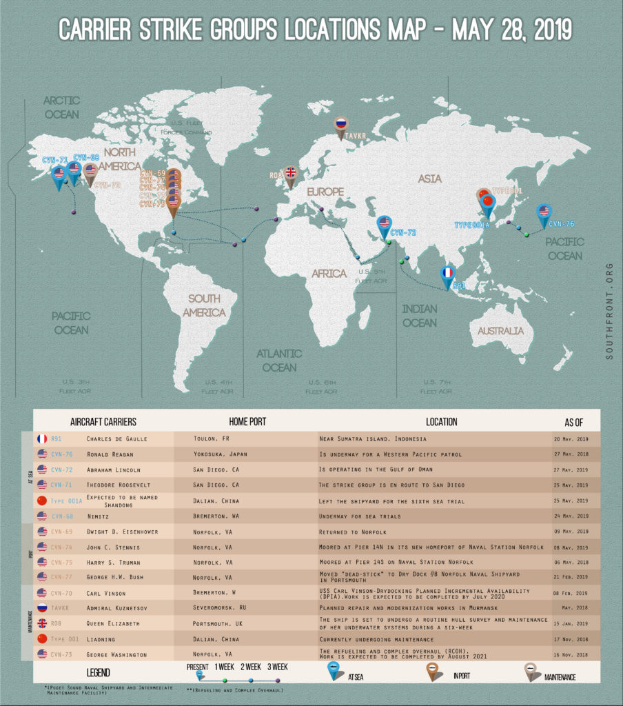 Locations Of US, British, Chinese, French And Russian Aircraft Carriers – May 28, 2019